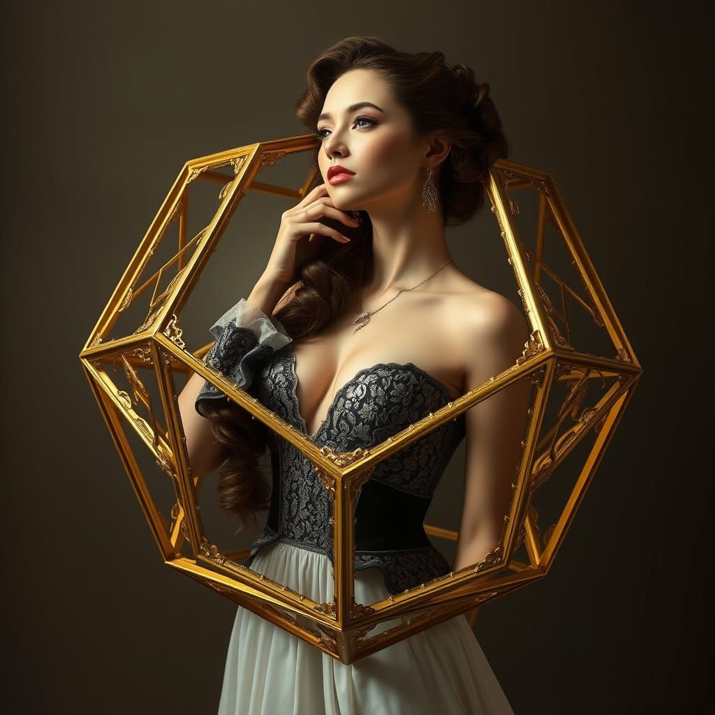 Woman Trapped in Golden Octahedron: Hyperrealistic Art