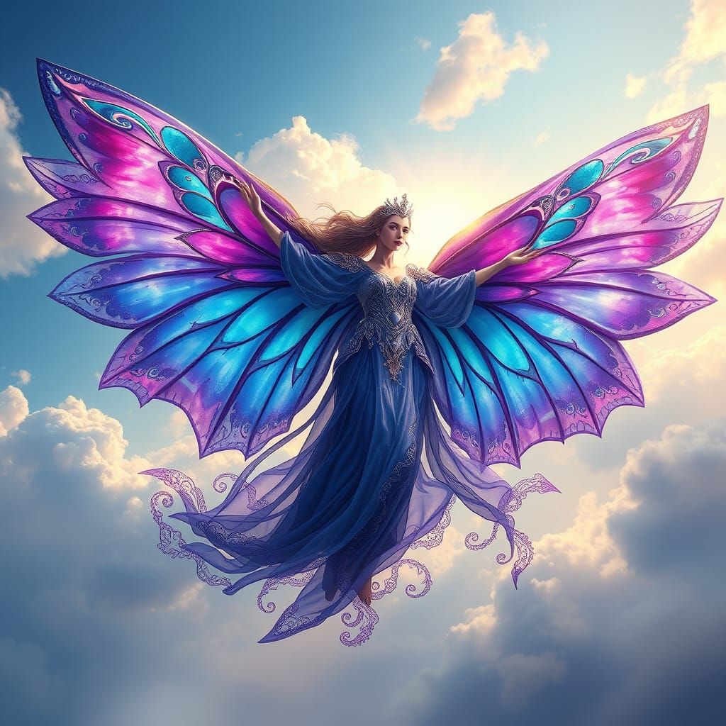 Regal Figure Soars Through the Air with Iridescent Wings