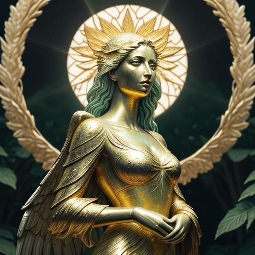 Gold Angel Sculpture in Lush Garden