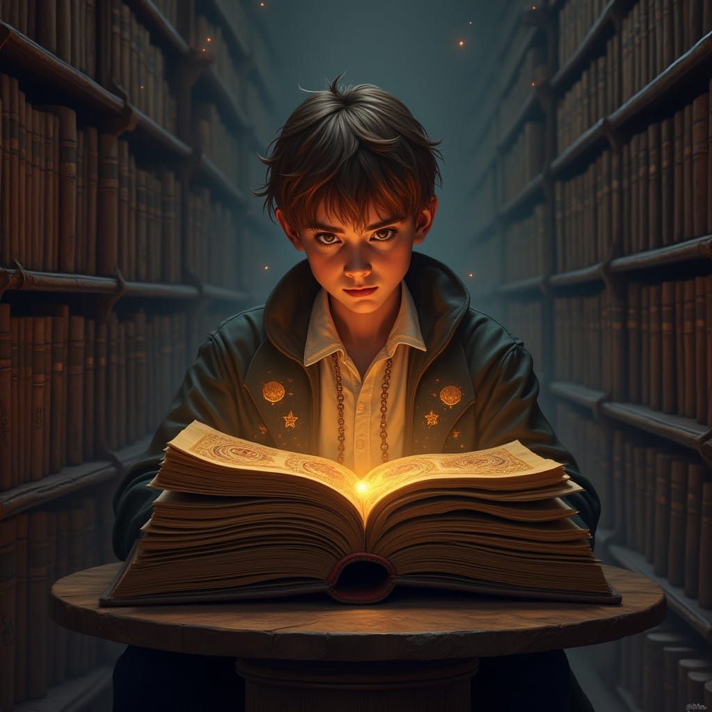 Magician in Mystical Library with Golden Light