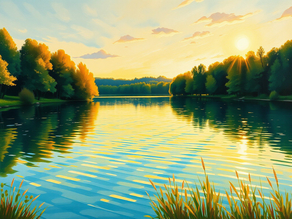 Impressionist Sunset Lake Scene in Gouache Watercolors