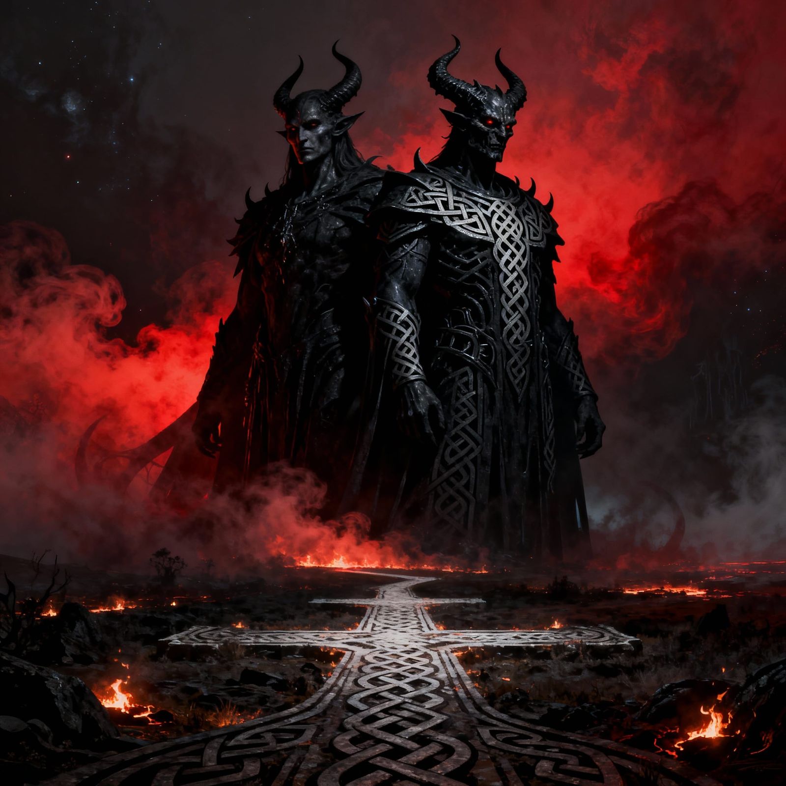 Two-Faced Demon at Mystical Crossroads in Black Metal Art St...