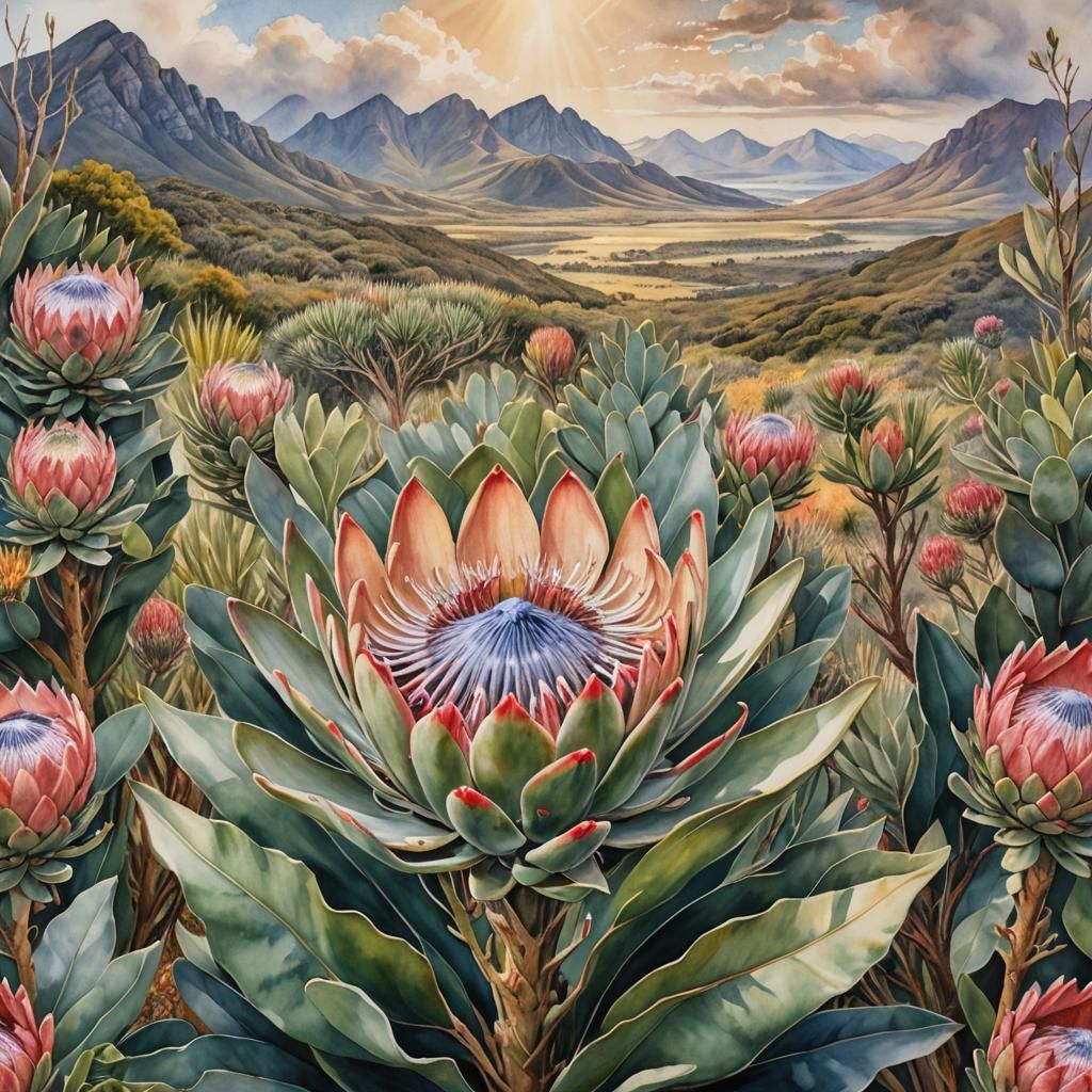 Anthropomorphic King Protea Flower in Watercolor Landscape