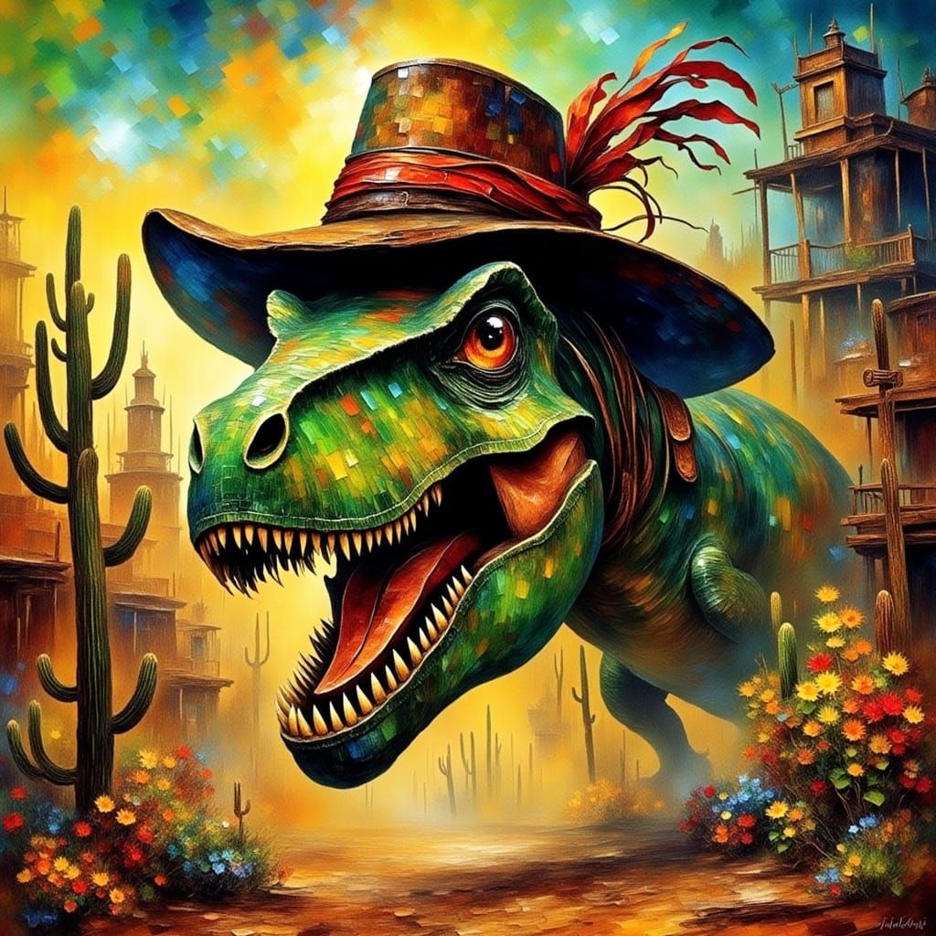 T-Rex Rampage in Old West Town: Hyperrealistic Art