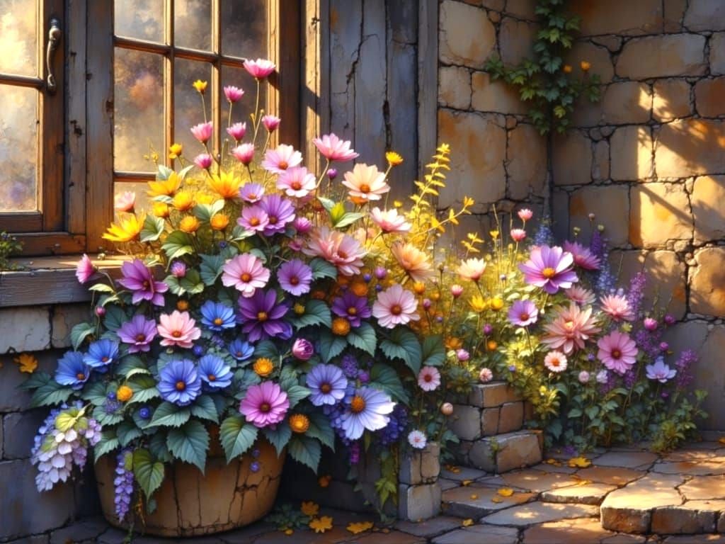Summer Blooms in Rustic Stone Window