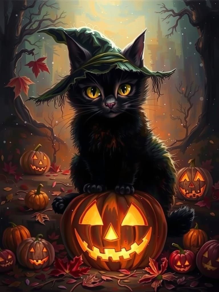 Fluffy Black Kitten in Witch Hat on Pumpkin, Impasto Style