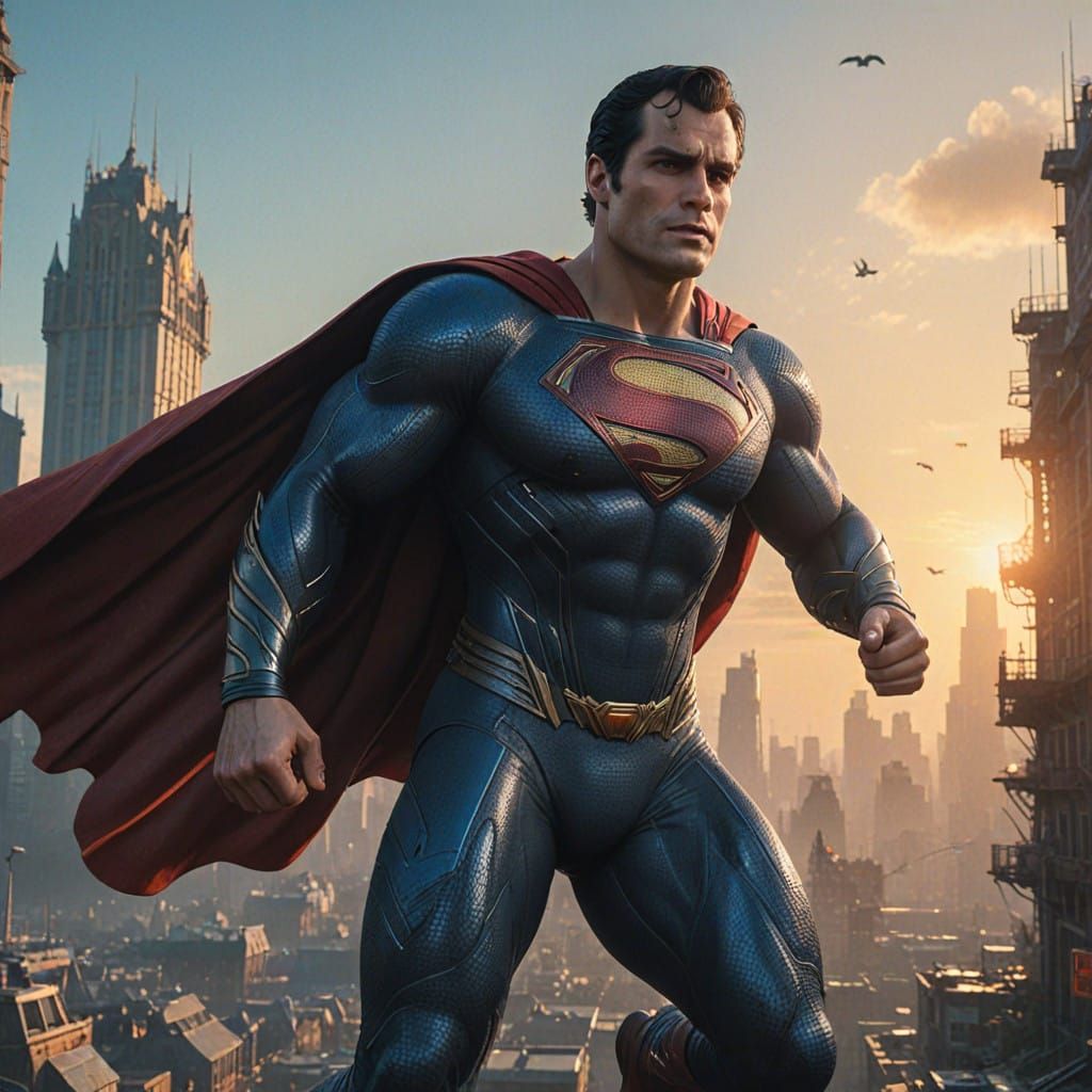 Superman Soars Through a Vibrant Sunset Cityscape