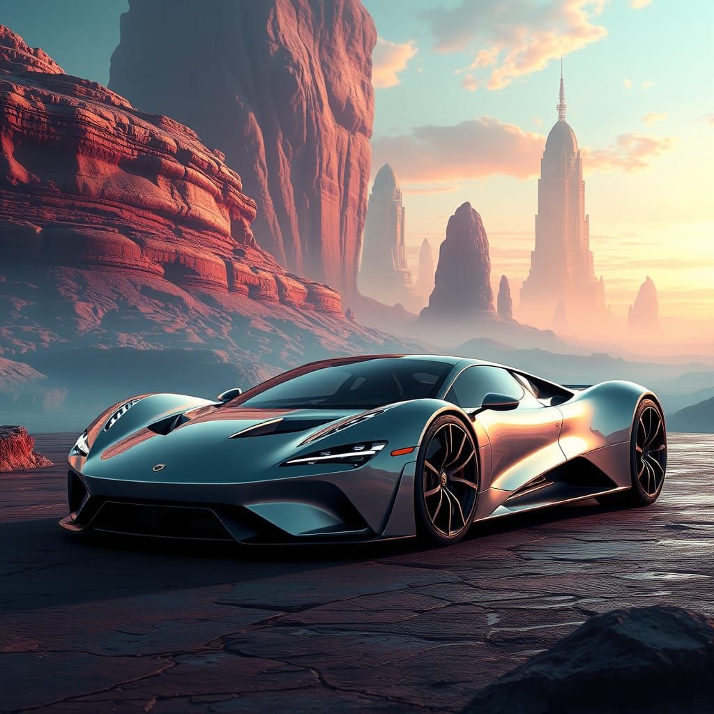 Sleek Silver Sports Car in Futuristic Landscape