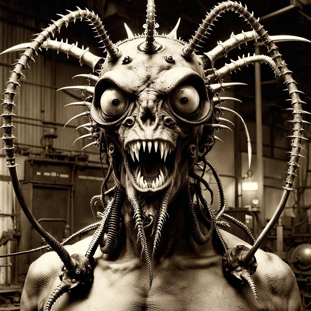 Chimeric Abomination in Derelict Factory, Sepia Photograph