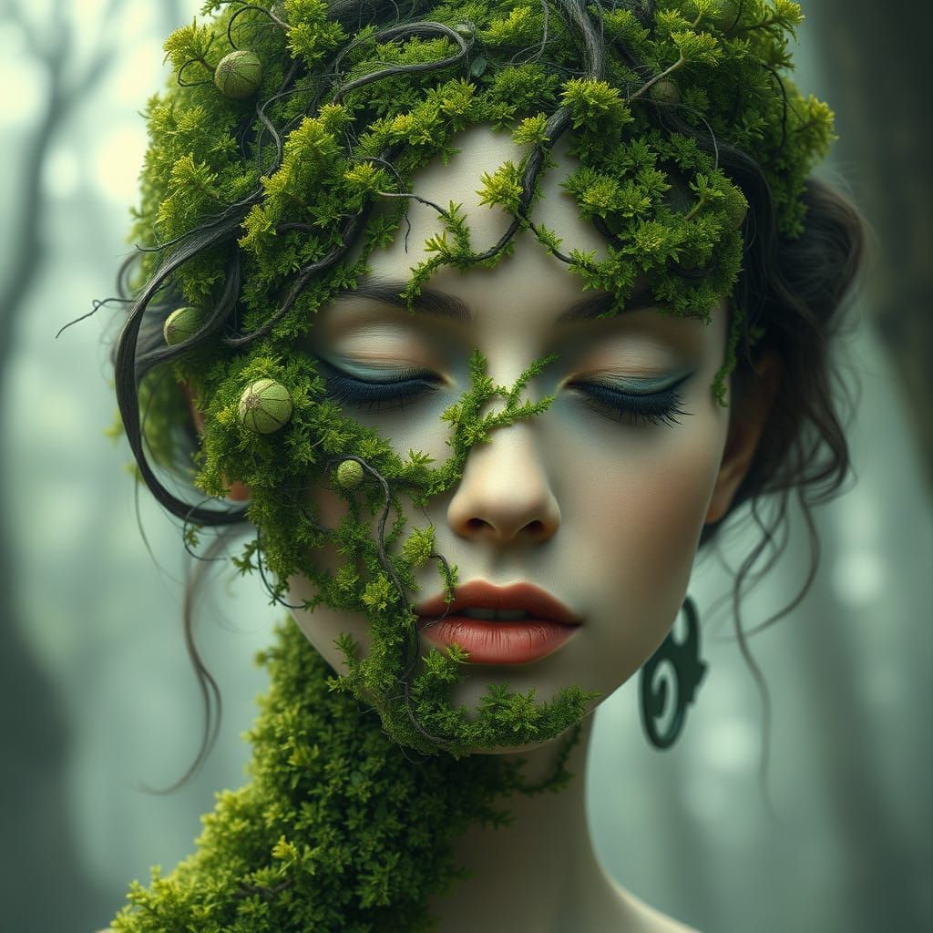 Woman Enveloped in Lush Forest Moss