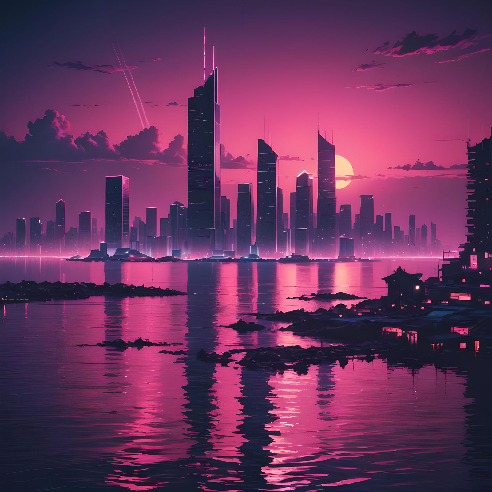 Synthwave Ocean City with Sunken Skyscrapers