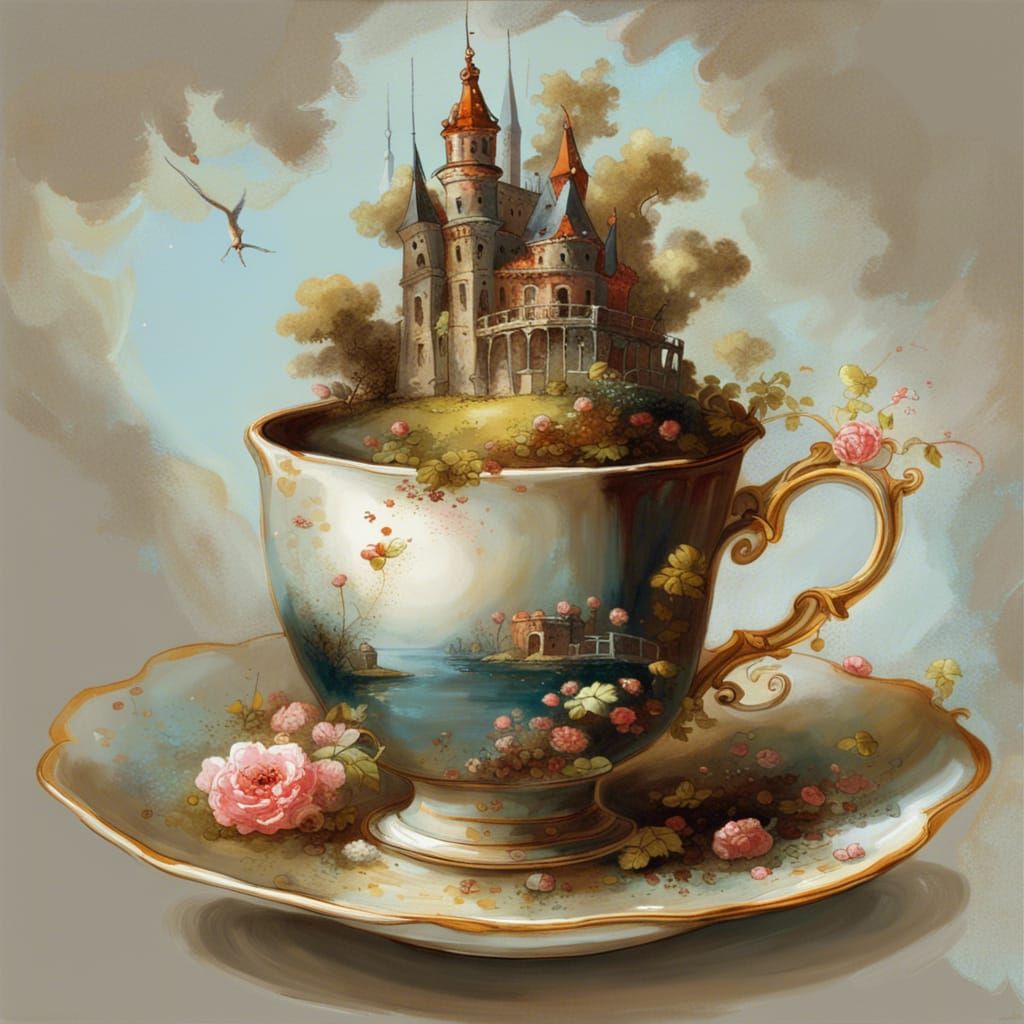 Castle in Teacup: Fragonard Style with Graffiti