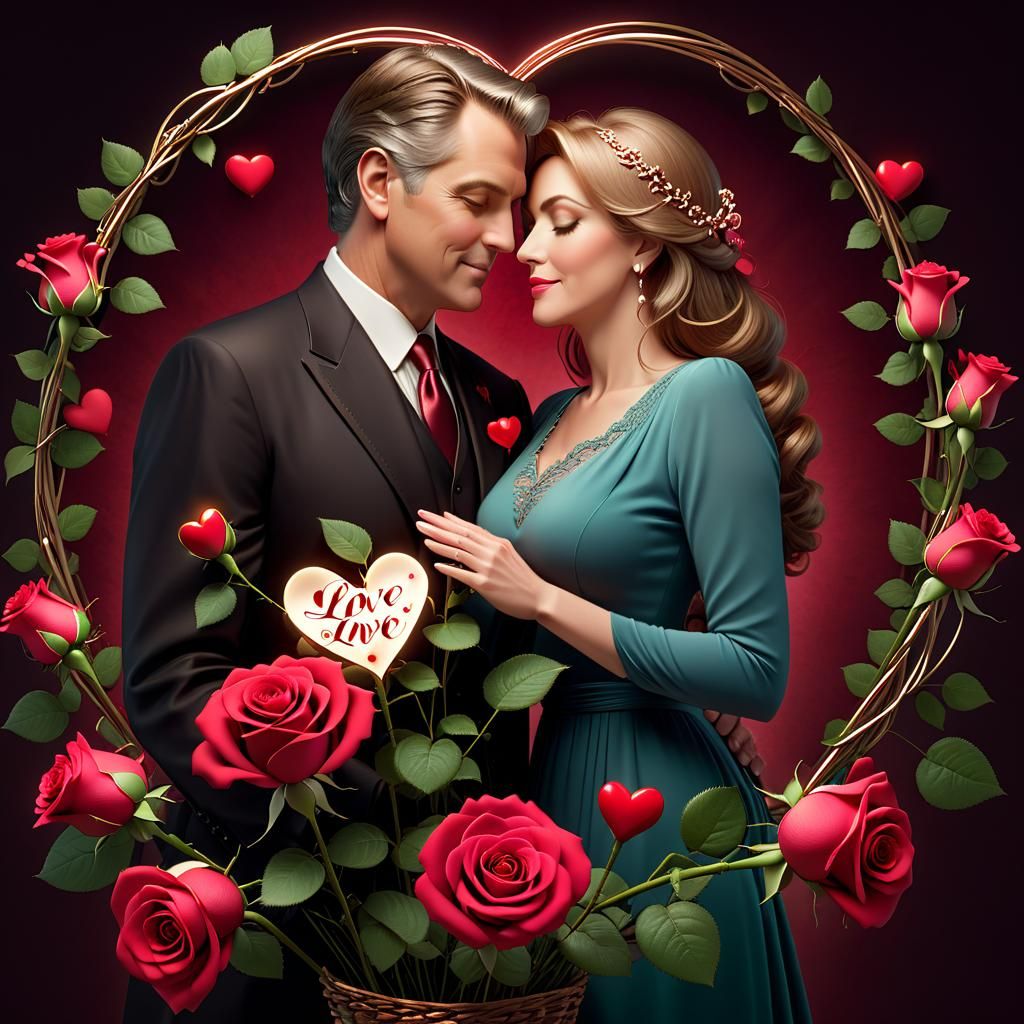 Man Giving Woman Roses with Love Text