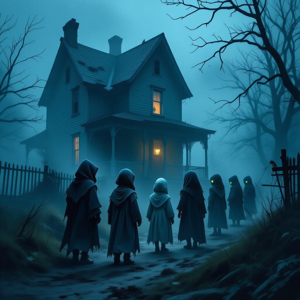 Eerie Halloween Night Cult Approaches Haunted House