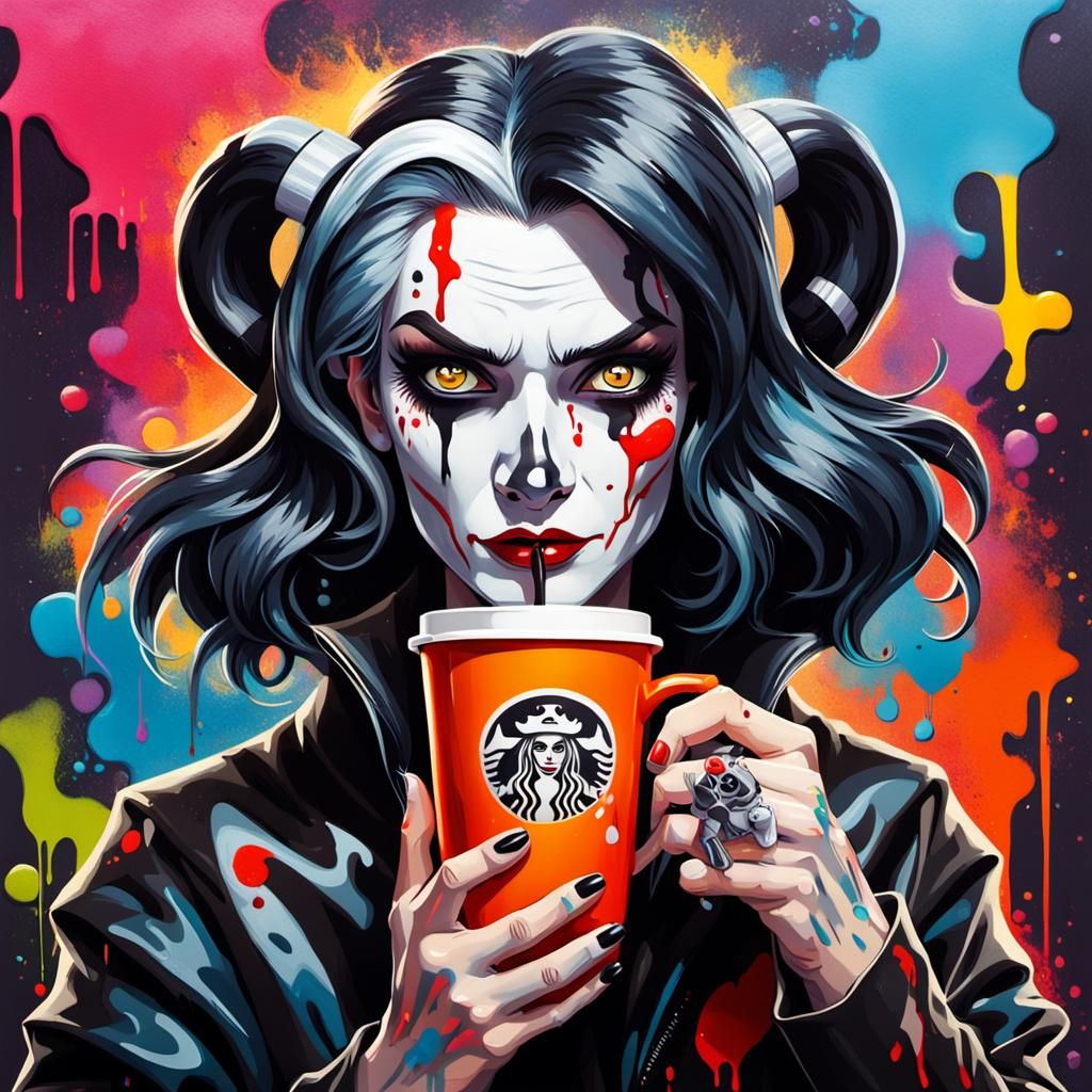 Cruella Deville with Coffee Cup in Graffiti Style