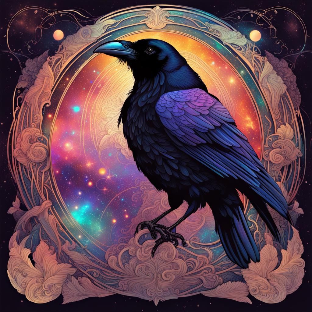 Art Nouveau Raven: Holographic Astral Cosmic Illustration