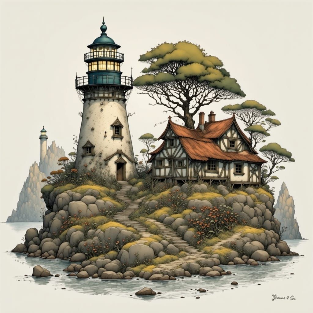 Luminous Lighthouse on Whimsical Island, Detailed Fantasy Sc...