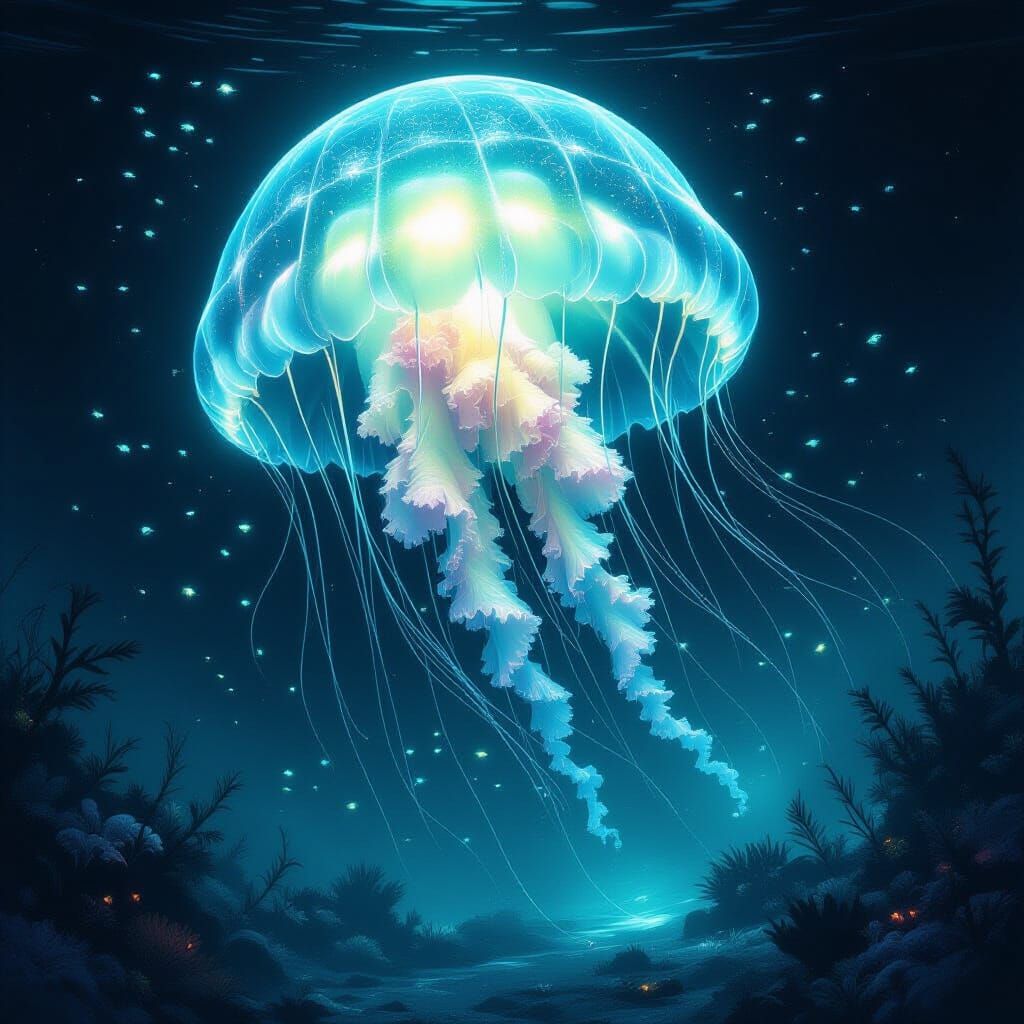 Bioluminescent Jellyfish Drifting in Alien Ocean