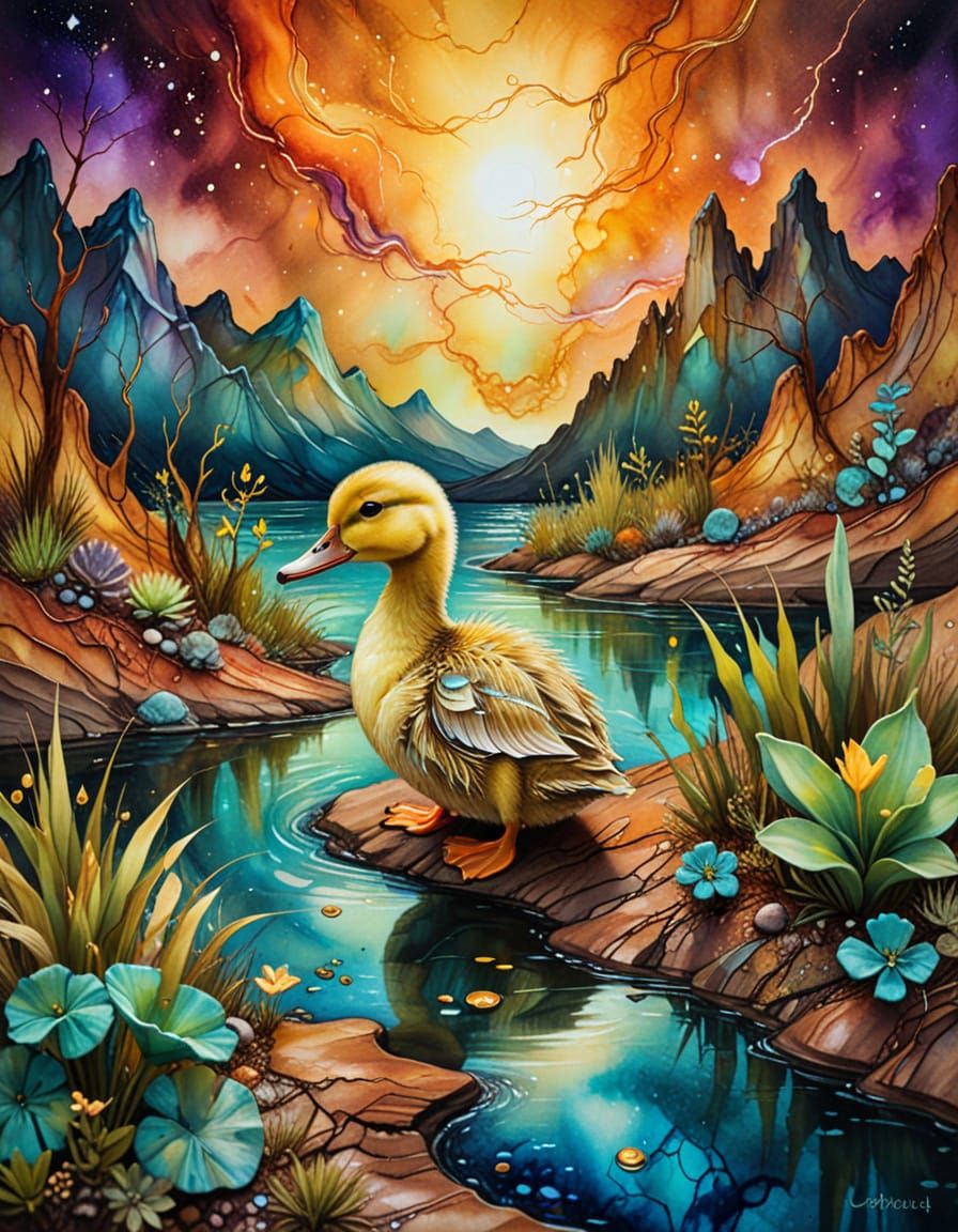 Surreal Jurassic Duckling with Aurora Borealis