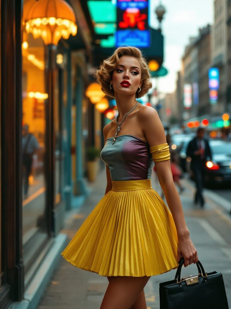 1950s Pin-Up Woman in Neon City, Editorial Style