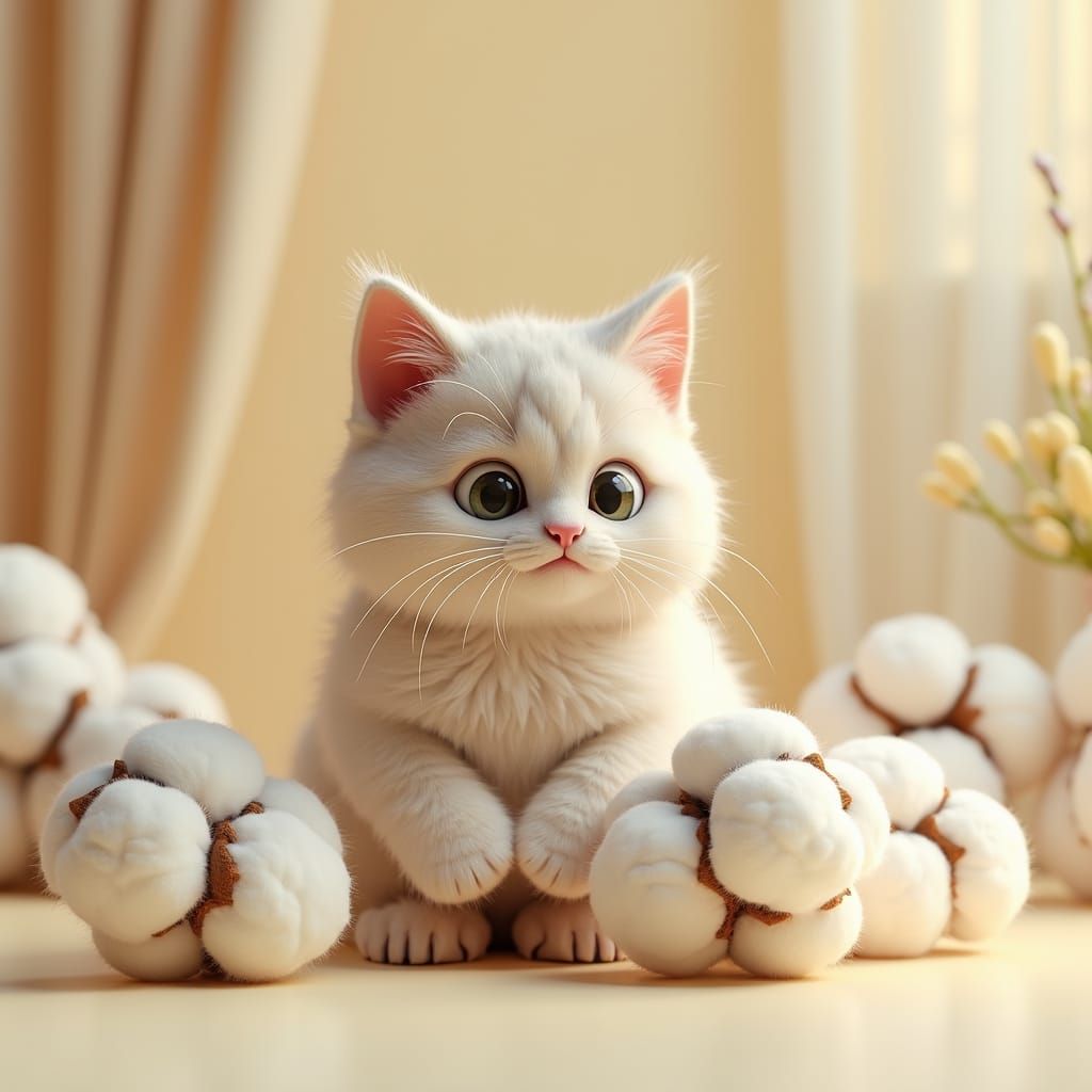 Fluffy Cat with Cotton Ball Paws in Watercolor Style