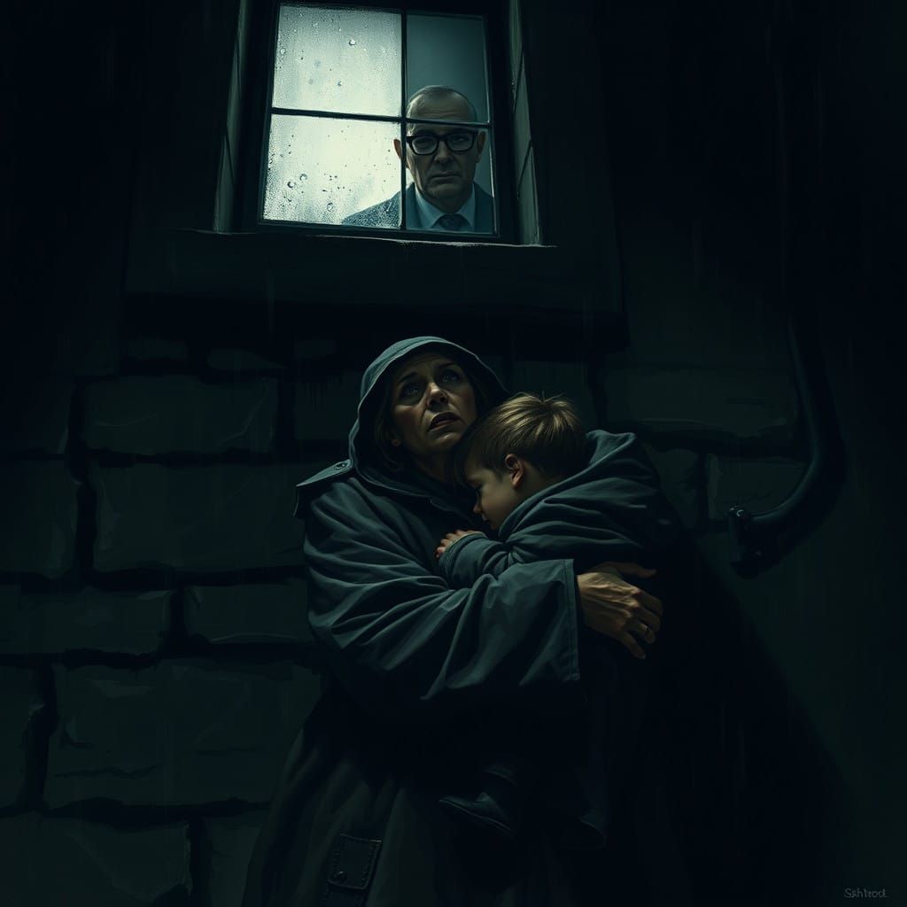 Mother and Child Huddle in Noir-Inspired Shadows