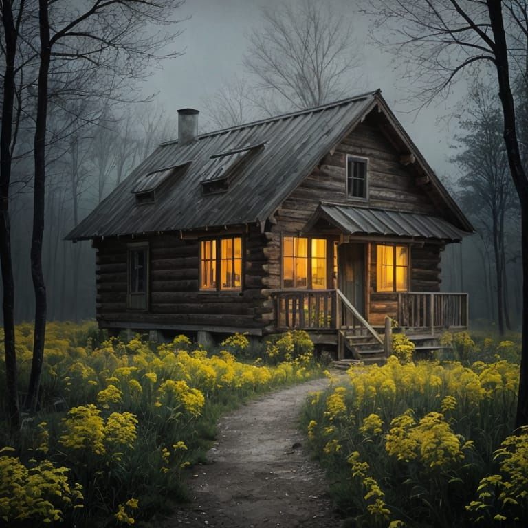 Haunting Impressionist Cabin in Yellow Moonglow