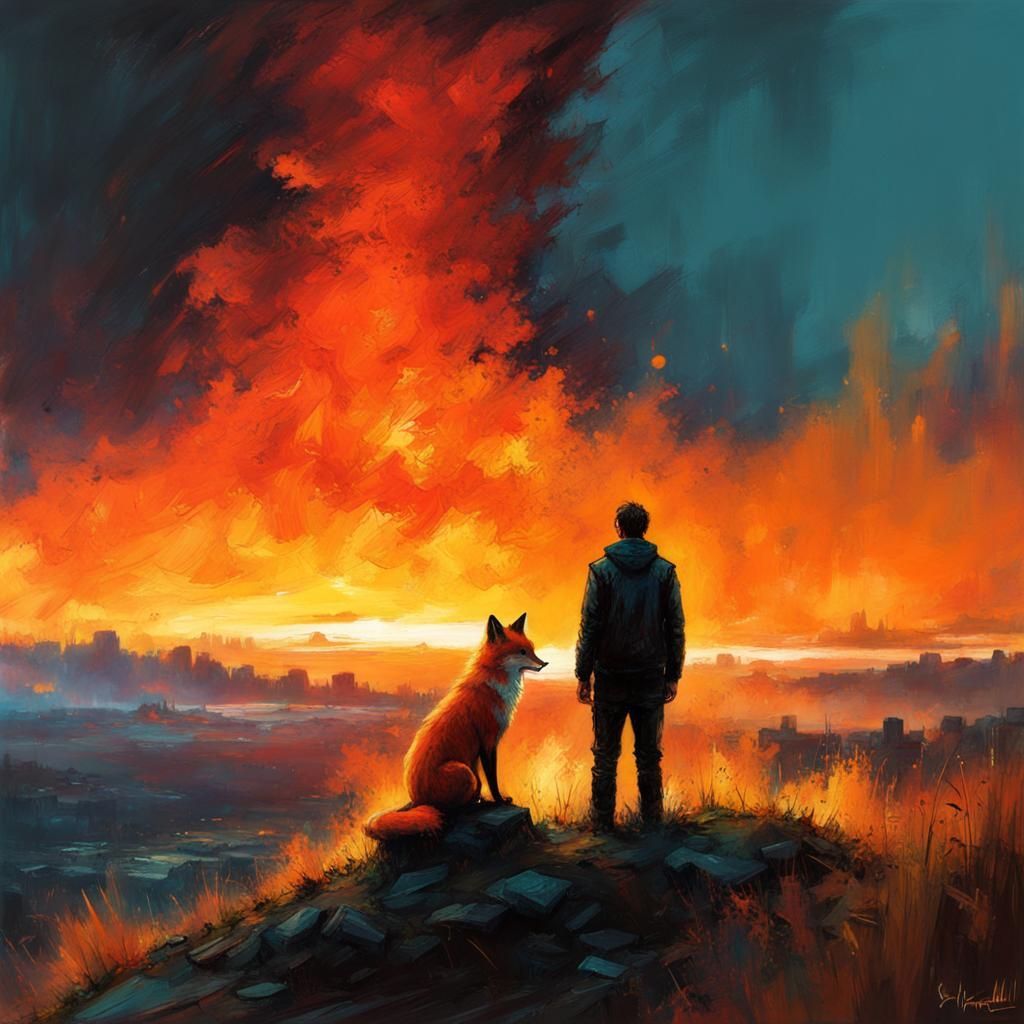 Fiery Fox and Man Under Dramatic Light