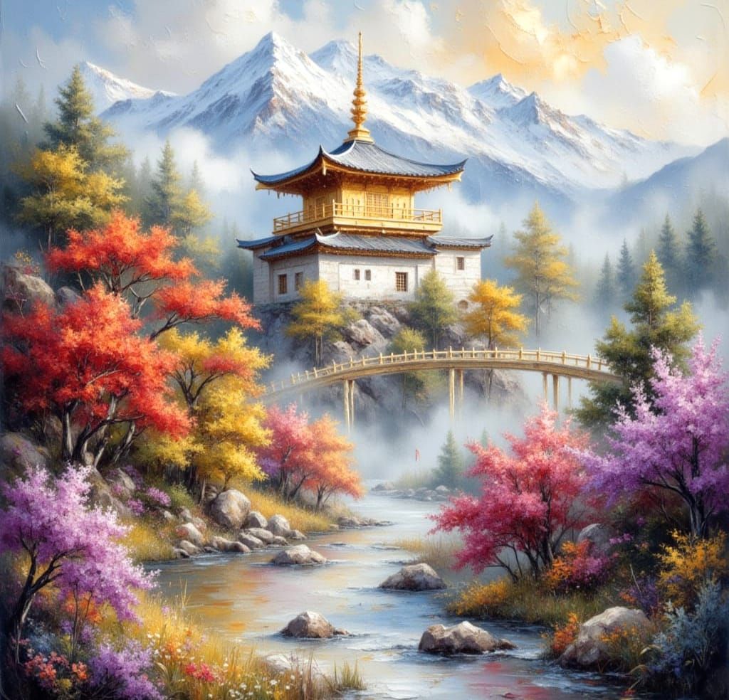 Misty Mountain Temple in Luminous Impasto Painting