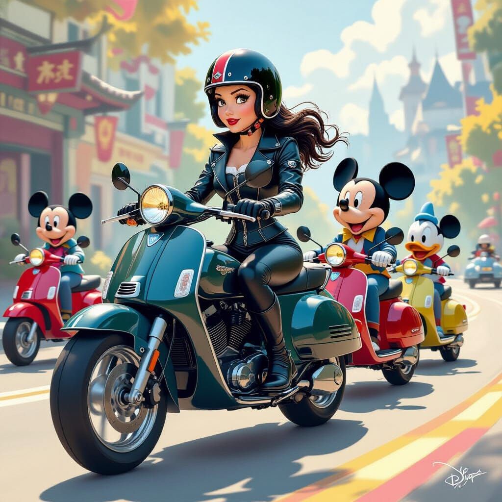 Snow White Rides a Motorcycle with Dwarfs, Disney Style
