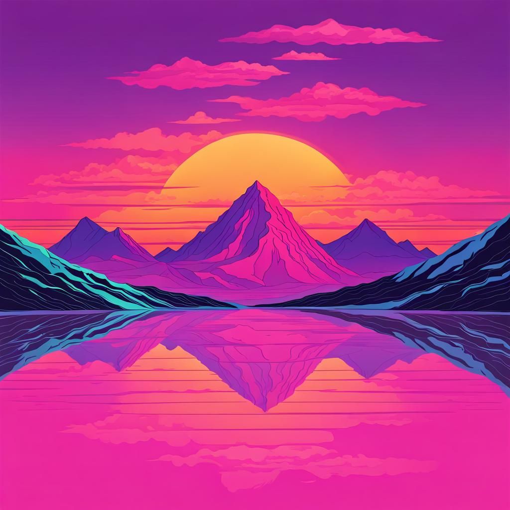 Vaporwave Sunset Over Mountain Range