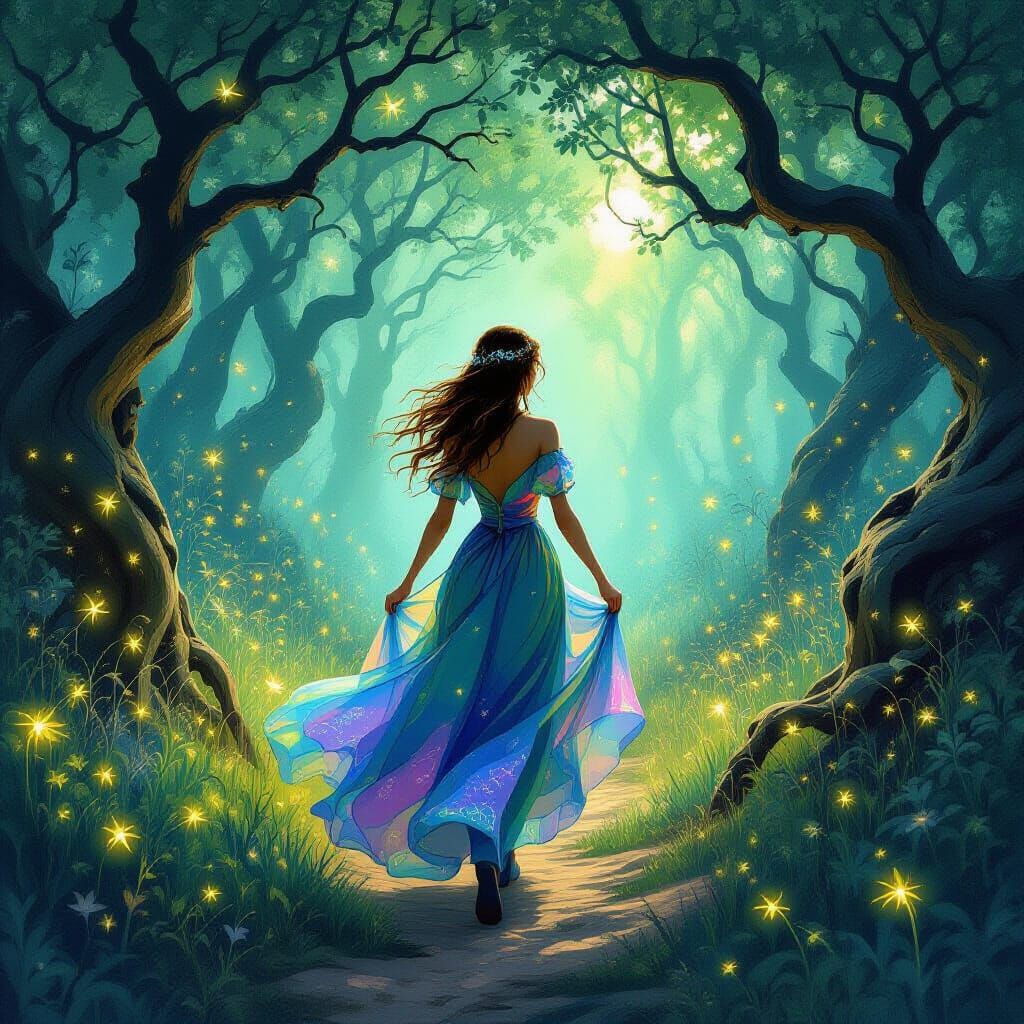 Whimsical Woman in Magical Forest, Ethereal Art