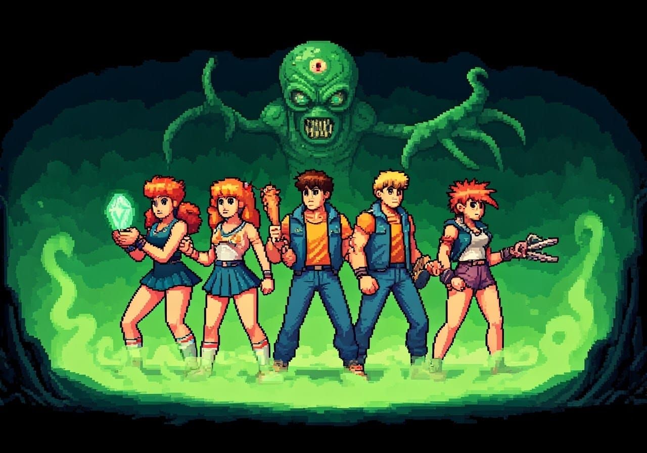 Pixel Art Teens Versus Alien Tentacle with Bazooka