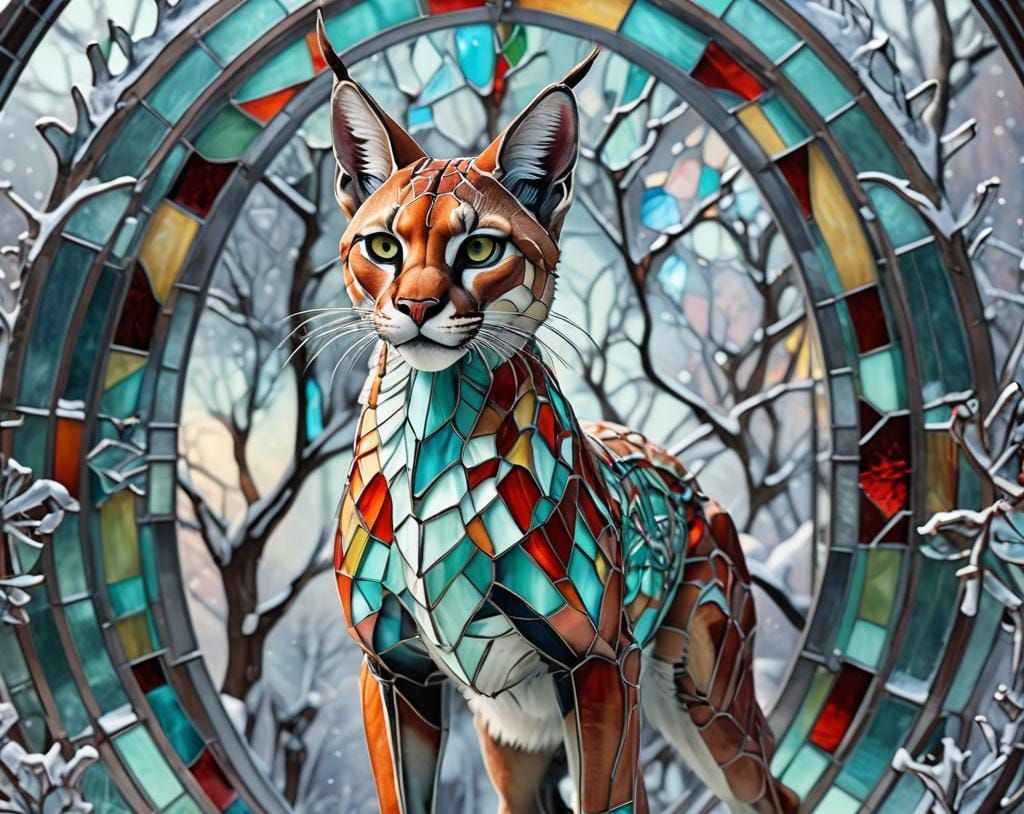 Biomechanical Caracal with Stained Glass Legs in Snow