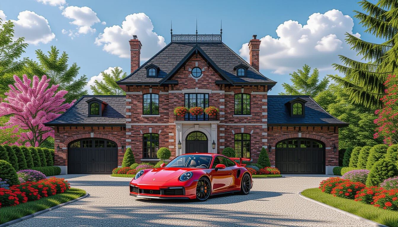 Victorian Chateau with Red Porsche 911 Under Blue Sky