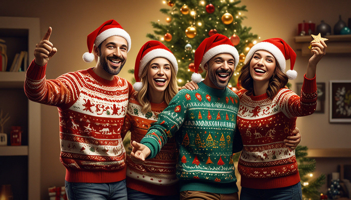 Joyful Family Christmas Scene in Vibrant Digital Illustratio...