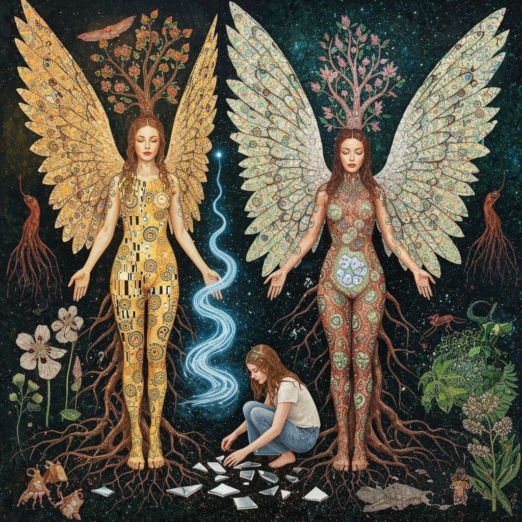 Surreal Fragmented Sculpture of Woman with Iridescent Wings