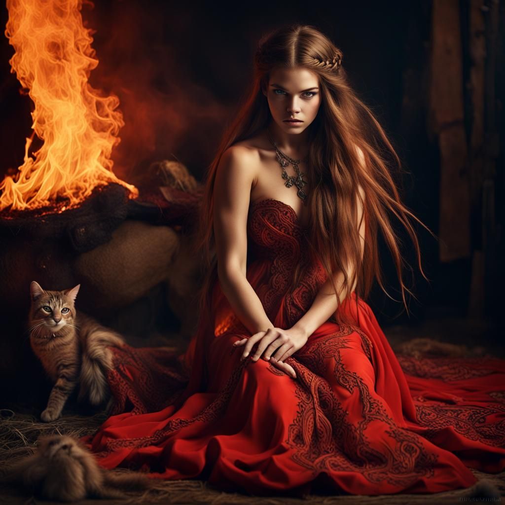 Pagan Witch Dances in Firelight, Hyperdetailed Art