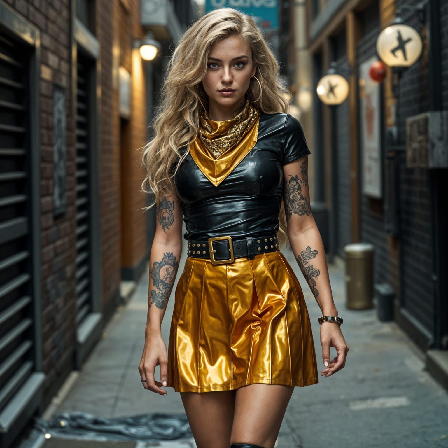 Blonde Tattooed Punk Posing in Alleyway