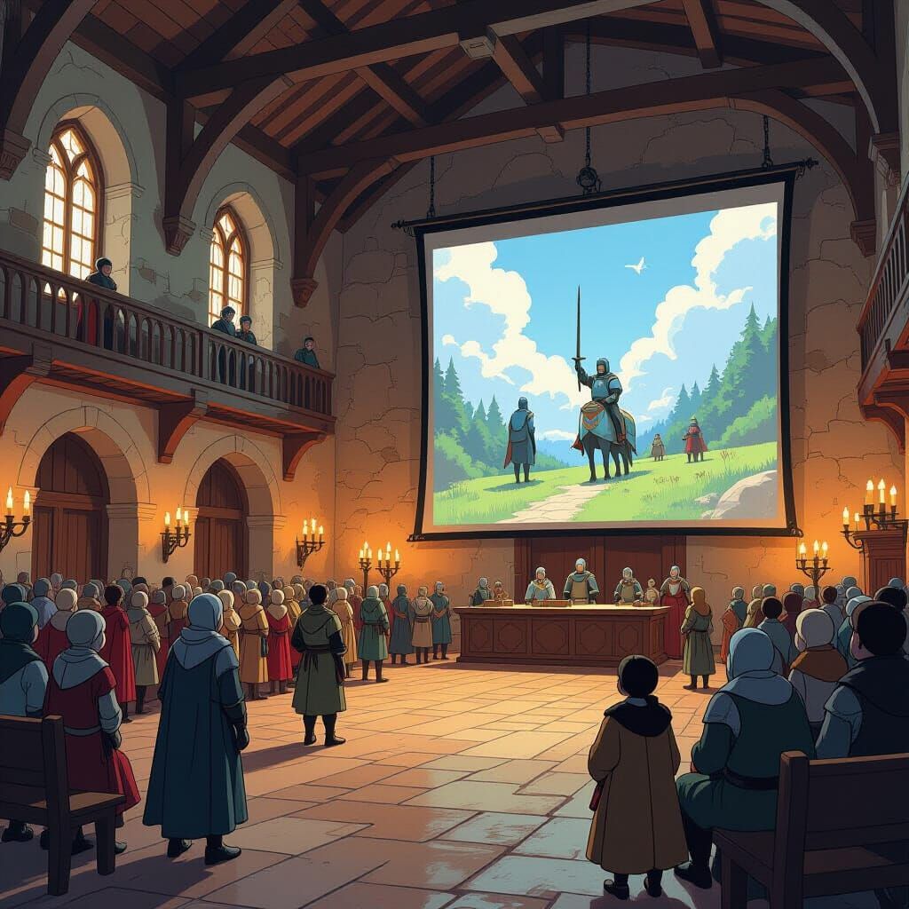 Medieval Movie Night in Atmospheric Watercolor Style