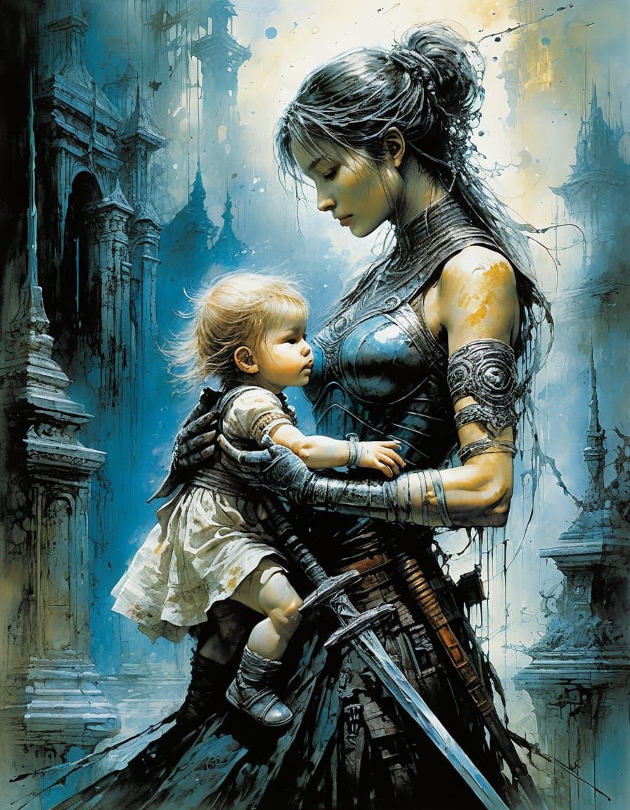 Abstract Mother and Child Art in Complementary Colors