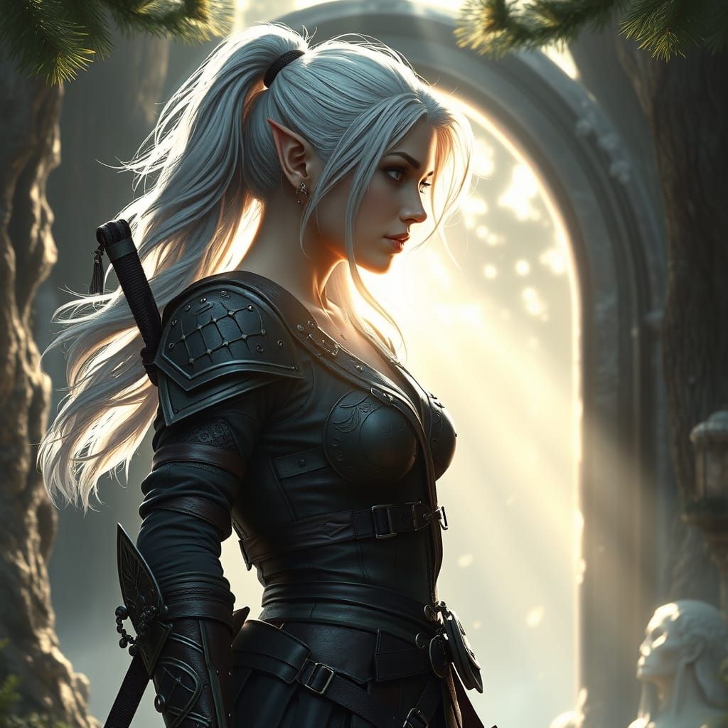 Elf Huntress Guarding Portal in High Fantasy Style