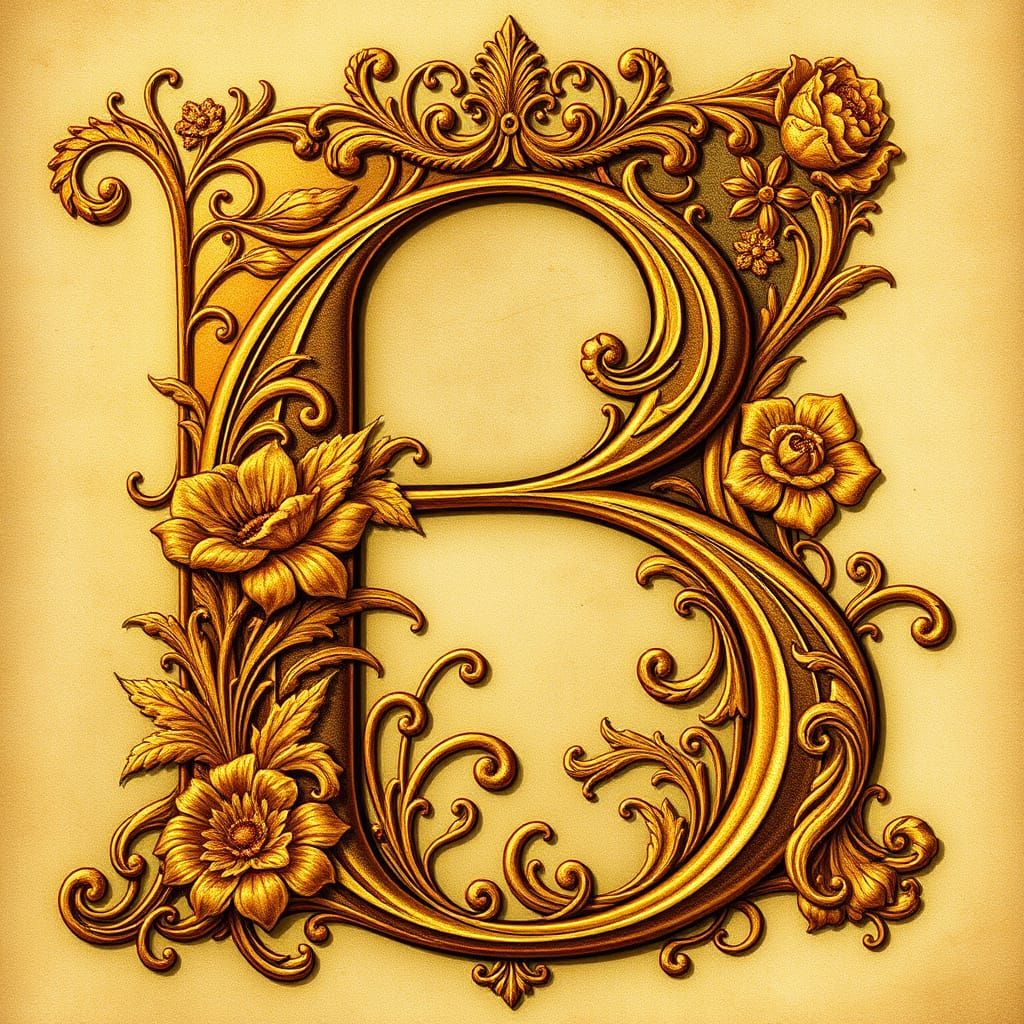 Golden Illuminated Letter B in Elegant Medieval Style