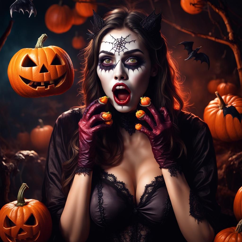 Halloween Girl with Fruits: Detailed Matte Painting