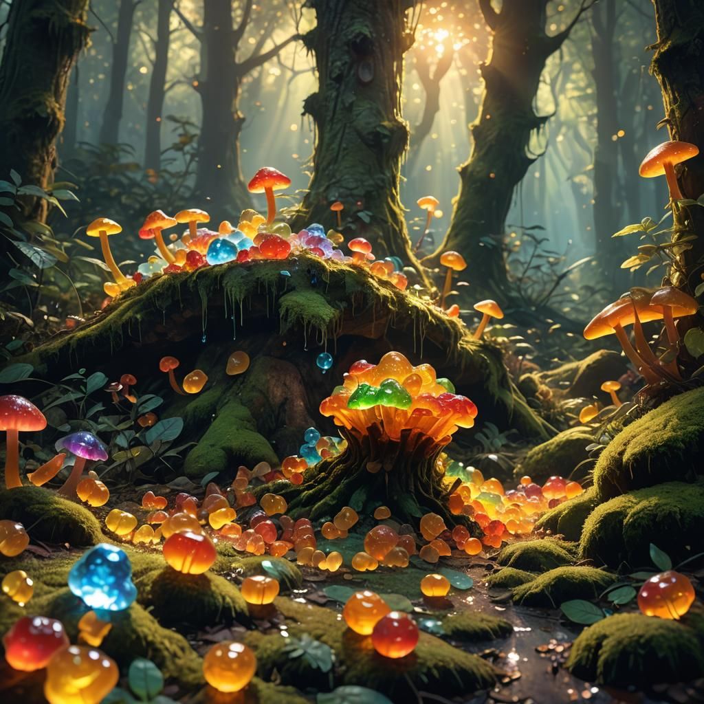Gummy Bears Discover Glowing Crystal: Fantasy Concept Art