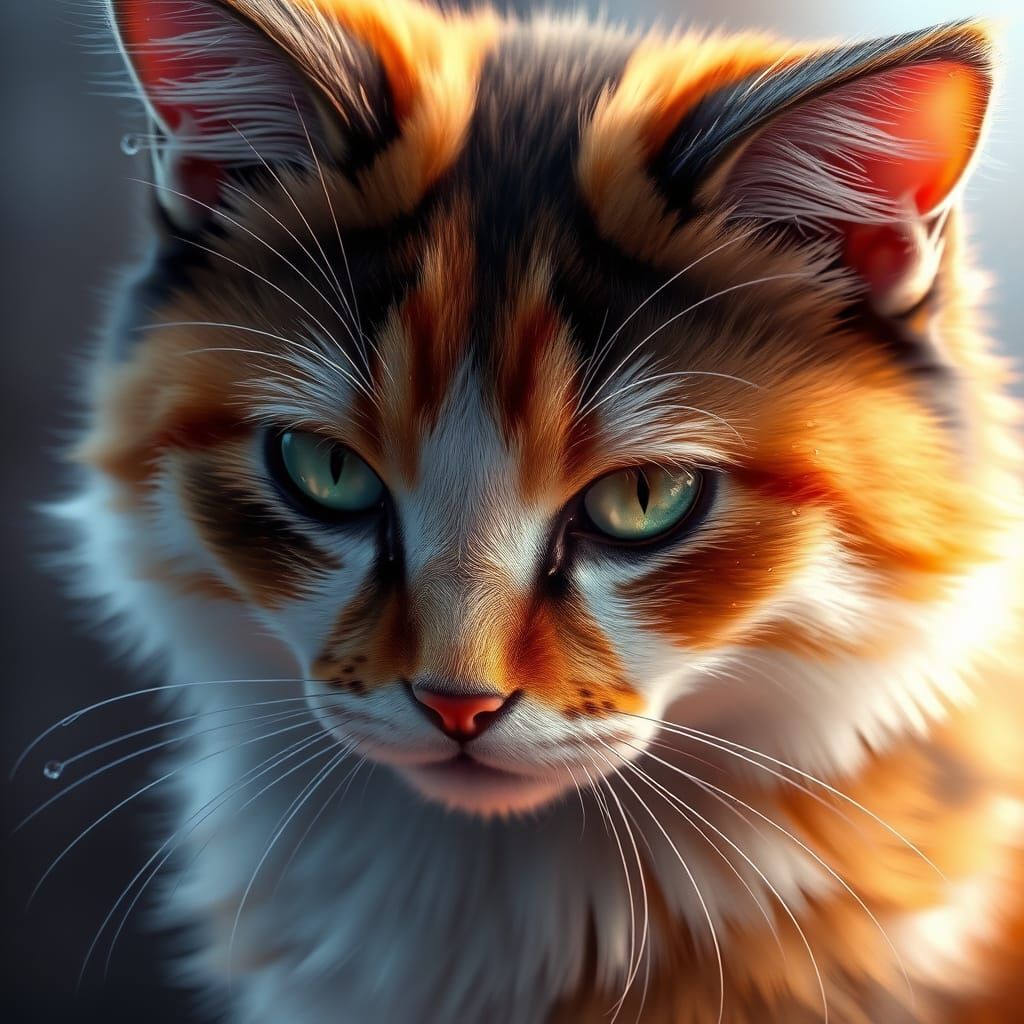 Vibrant Calico Cat in Hyper-Realistic 3D Anime Style