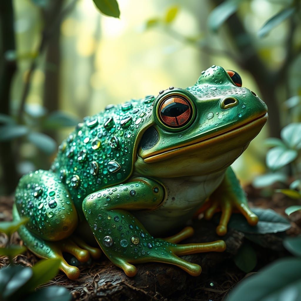 Luminous Emerald Frog in a Forest of Sparkle