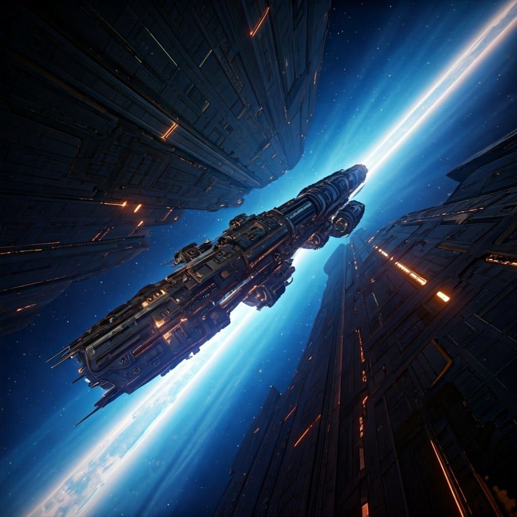 Spaceship Soaring Through a Neon Celestial Tunnel