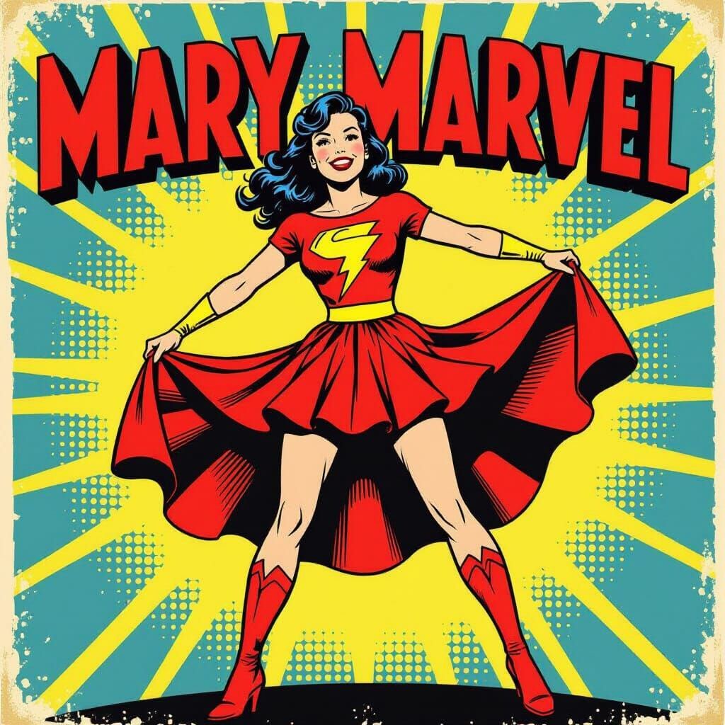 Mary Marvel In Red Skirt Retro Comic Art