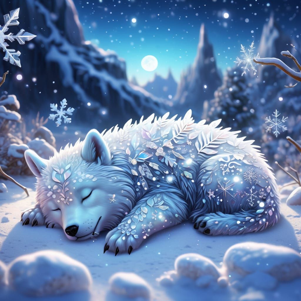 Magical Winter Landscape with Adorable Sleeping Creature